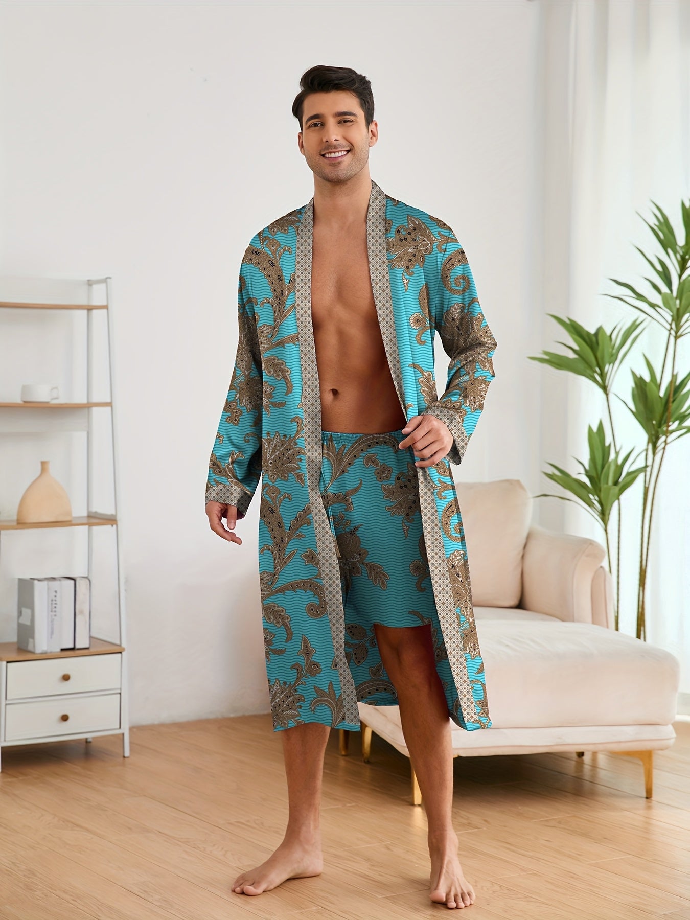 Men's Sleep Robe, Elegant And Light Luxury Pajamas Set, Stylish Gorgeous Floral Print, V-neck Long Sleeve Sleep Robe And Shorts, Sleep Wear Robe Set For Home Wear