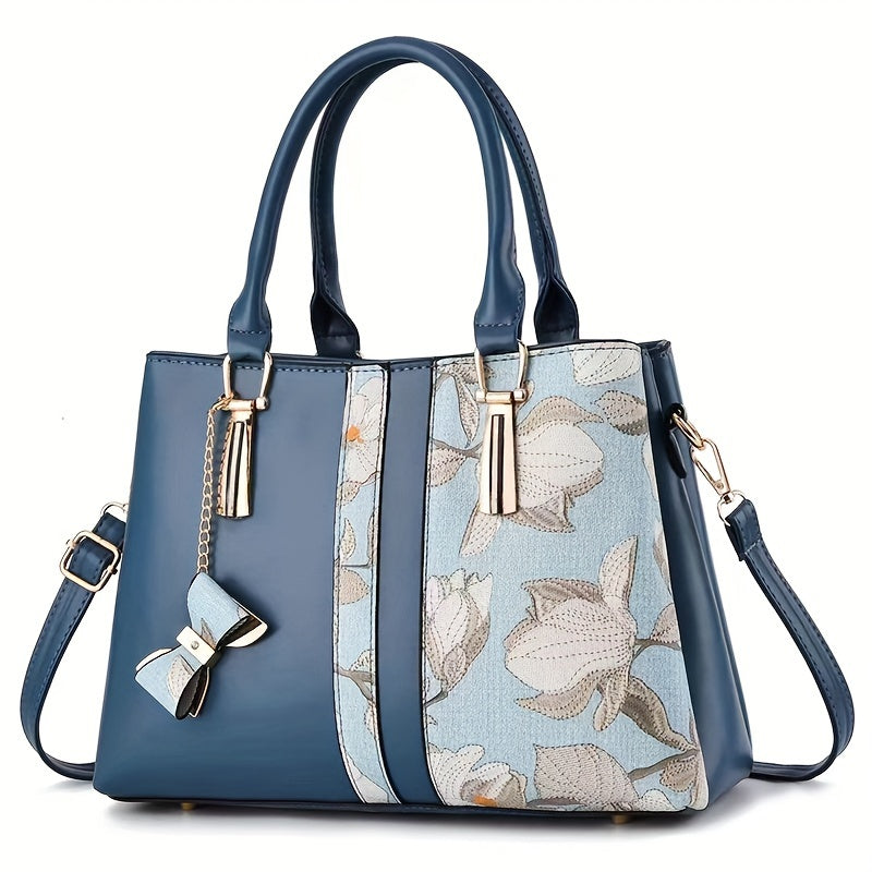 Elegant Floral Print Women's Handbag - Chic Colorblock Handbag with Zip Closure, Durable PU Material
