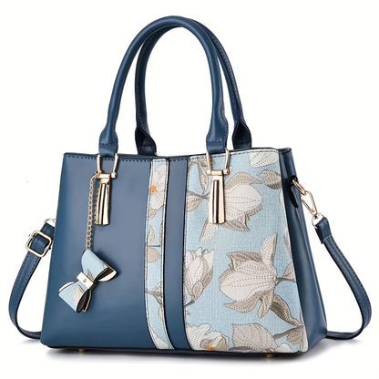 Elegant Floral Print Women's Handbag - Chic Colorblock Handbag with Zip Closure, Durable PU Material
