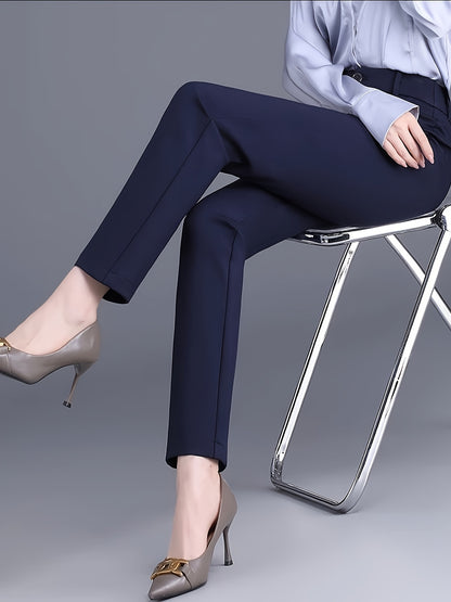 Women's High-Waist Straight-Leg Suit Pants - Navy Blue, Stretchy & Comfortable Nylon Blend, Slim Fit Professional Work Trousers with Pockets, Machine Washable, Versatile for Casual or Office Wear